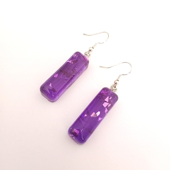 Purple chunky glitter bar dangle earrings with silver hooks new handmade Resin - Picture 6 of 6